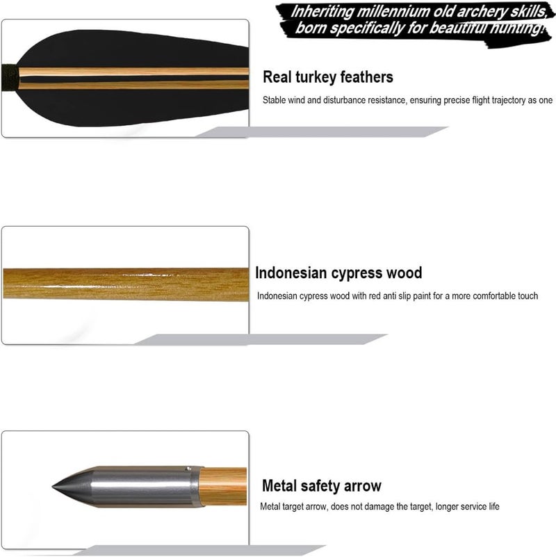 e5e10 33inch Wooden Arrows Handmade Tradition Target Arrows with Turkey Feather Fletching with Field Points for Recurve Bow Longbow Archery Practice 12PACK - Image 3